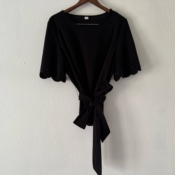 Black Laser Cut Tie Waist Peplum Blouse XXL Bohemian Feminine Romantic - Picture 4 of 13